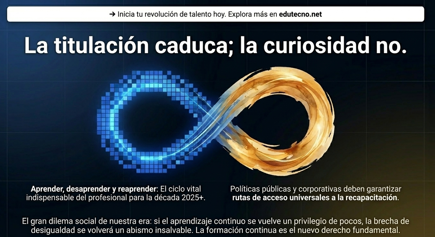 Fondo tecnológico azul con texto sobre titulación caduca, aprendizaje continuo y un símbolo de infinito dorado.