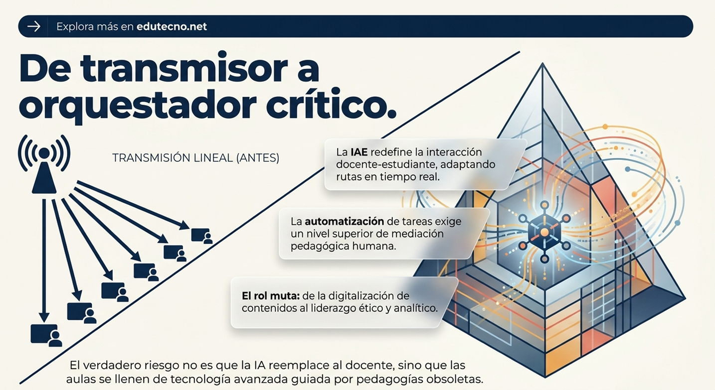 El paso "de transmisor a orquestador crítico" marca una transición necesaria pero peligrosa. El dilema de confianza radica en que, si la institución implementa IA sin cambiar su modelo pedagógico, corre el riesgo de perpetuar "pedagogías obsoletas" dentro de aulas tecnológicamente avanzadas. La verdadera confianza docente no vendrá de la tecnología en sí, sino de la capacidad del educador para liderar éticamente ese nuevo ecosistema.