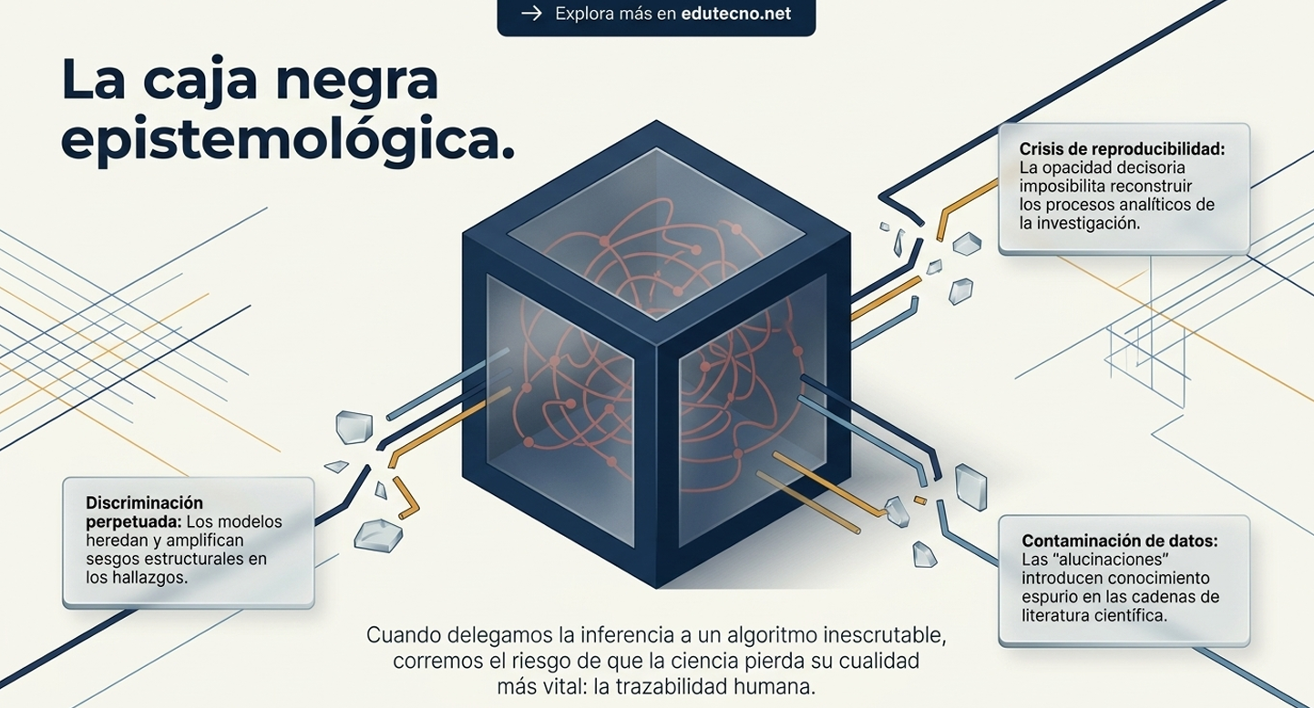 Esta imagen aborda la "caja negra epistemológica". El dilema de confianza es la crisis de reproducibilidad: si los procesos analíticos de una investigación se delegan a un algoritmo "inescrutable", la ciencia pierde su cualidad más vital, que es la trazabilidad humana. Institucionalmente, esto implica que los resultados ya no pueden ser verificados, socavando los cimientos de la evidencia científica.