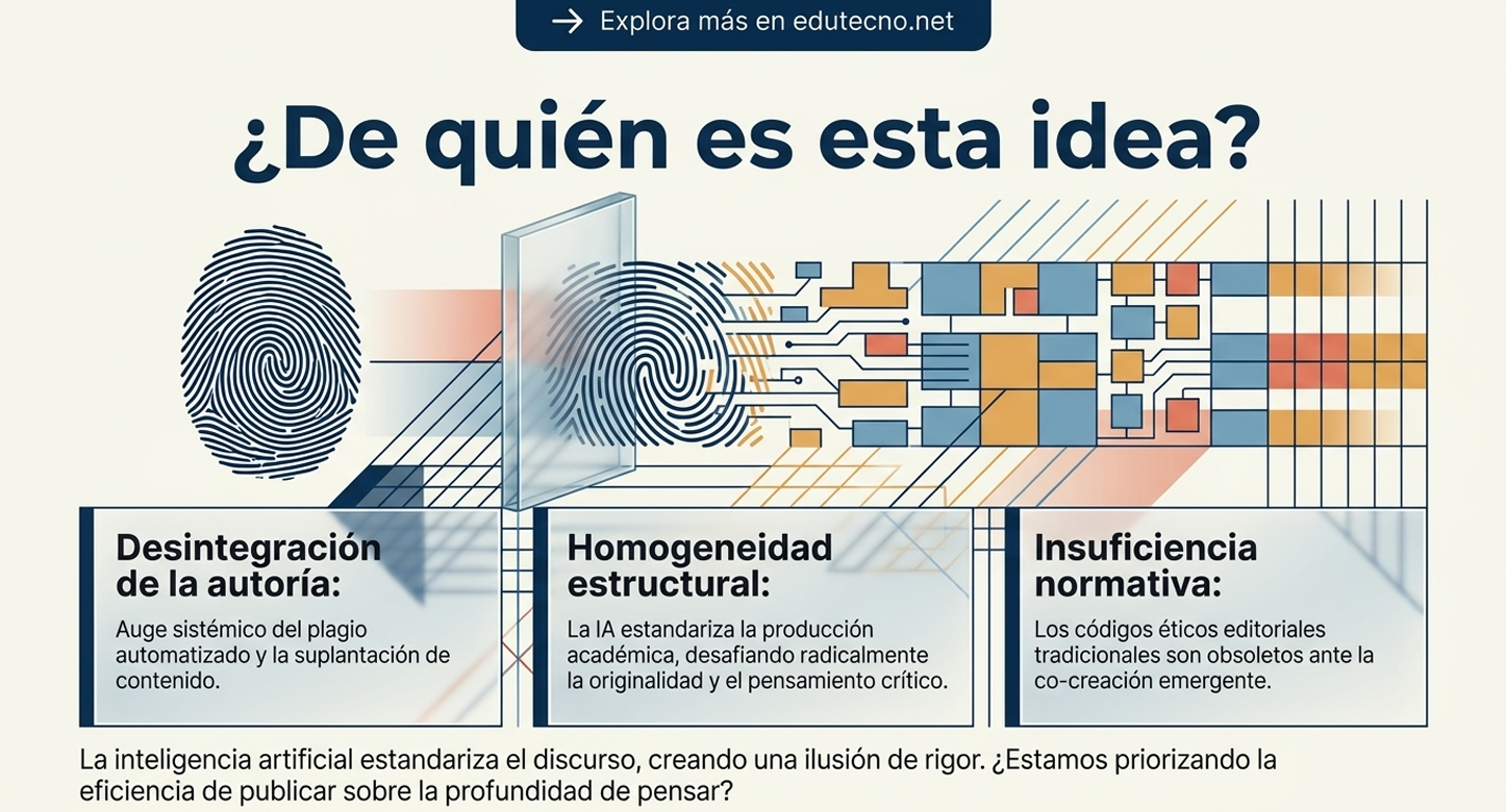 La pregunta "¿De quién es esta idea?" plantea el problema de la desintegración de la autoría. Cuando la IA estandariza el discurso, se crea una "ilusión de rigor" que desafía los códigos éticos tradicionales. La confianza se fractura si la institución prioriza la eficiencia (publicar rápido) sobre la profundidad del pensamiento, permitiendo que el plagio automatizado y la suplantación de contenido se normalicen.