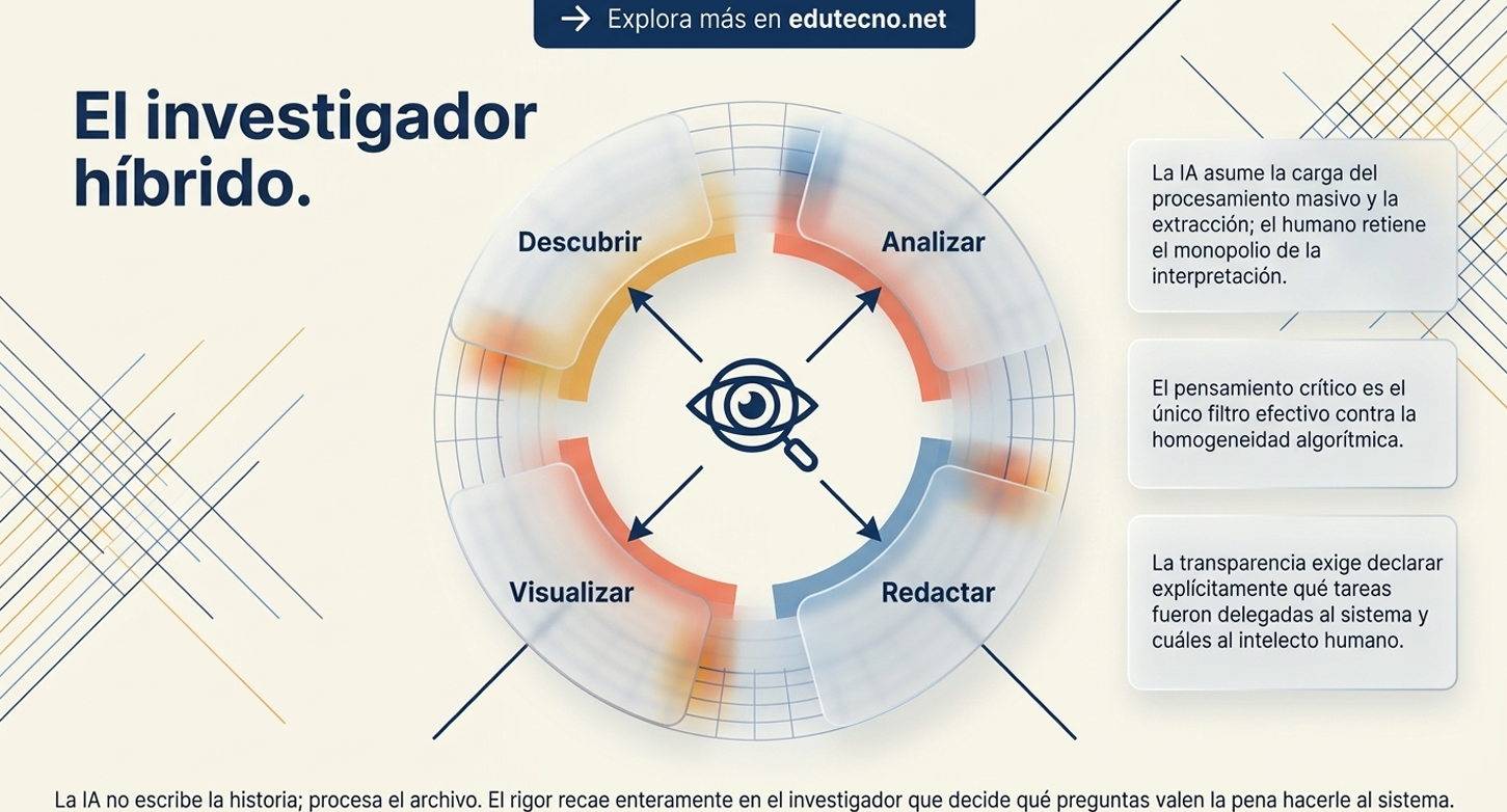 Este gráfico presenta al "investigador híbrido". El dilema surge en la tensión de permitir que la IA maneje el procesamiento masivo sin que esto nuble la capacidad de juicio del humano. Existe un riesgo institucional si la academia acepta la "homogeneidad algorítmica" como norma, diluyendo el valor del pensamiento crítico que es, en última instancia, lo que sostiene la confianza en el conocimiento producido.