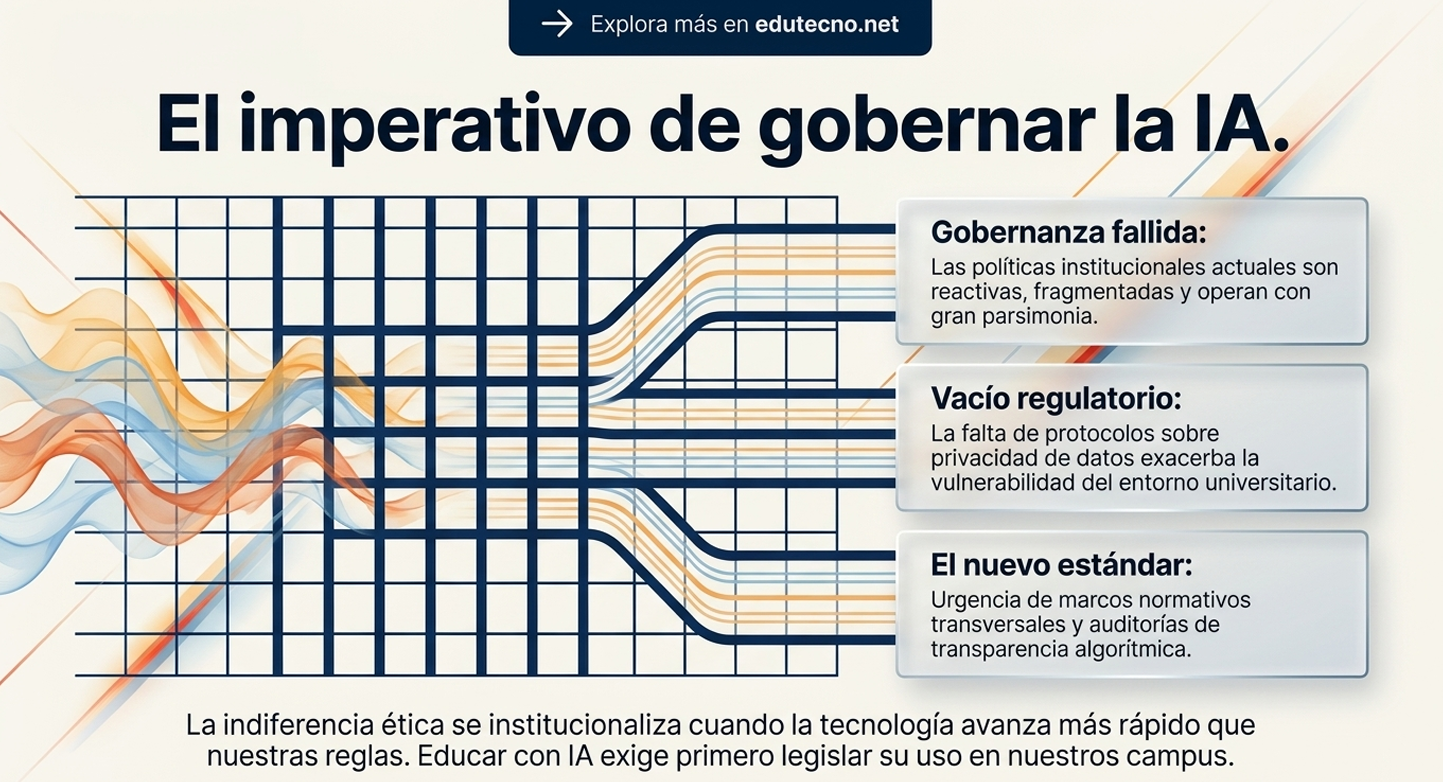 La imagen ilustra el "imperativo de gobernar" y destaca que la indiferencia ética institucionaliza riesgos cuando las reglas van por detrás de la tecnología. El dilema de confianza aquí es la percepción de fragilidad: si una universidad no legisla sobre la IA en su campus, pierde la capacidad de proteger la privacidad de sus estudiantes y la integridad de sus procesos, generando un vacío de autoridad.