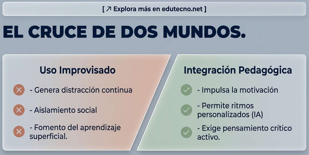 Diagrama educativo con título “El cruce de dos mundos” y dos paneles: uso improvisado e integración pedagógica.