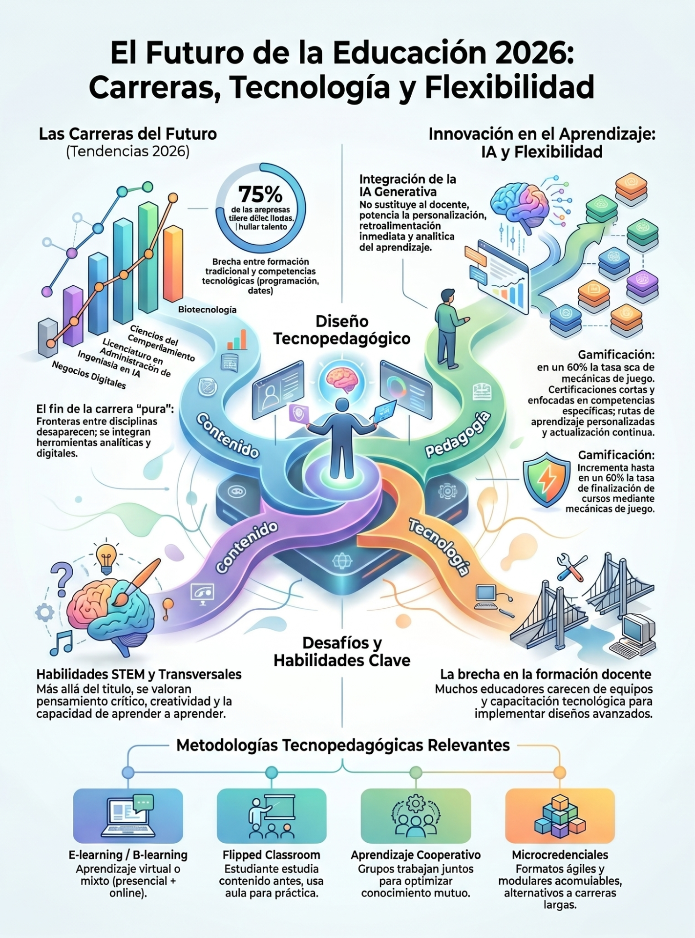 Infografía sobre el futuro de la educación 2026: tecnología, IA, gamificación y diseño tecnopedagógico con gráficos y figuras.