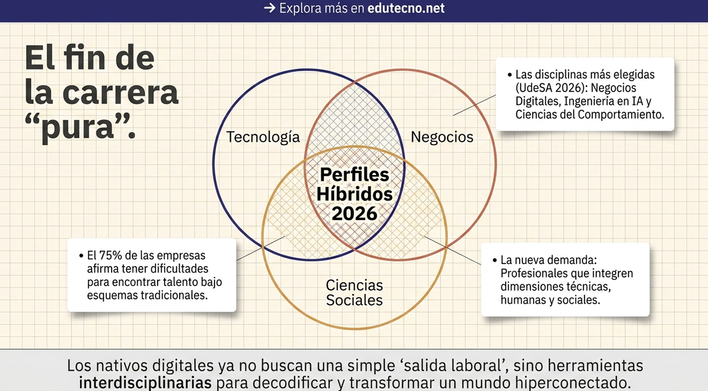 Diagrama con tres círculos superpuestos y texto sobre perfiles híbridos 2026, tecnología, negocios y ciencias sociales.