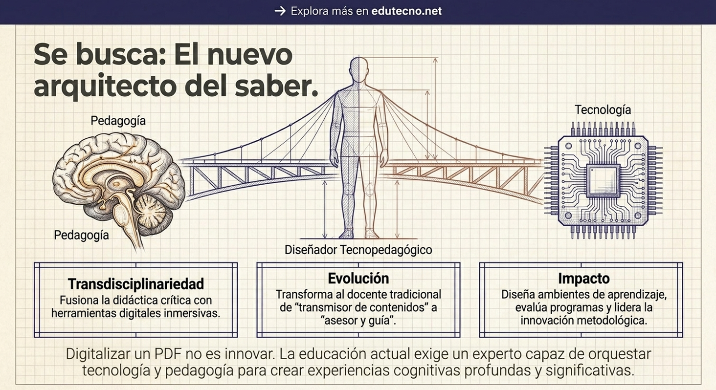 Ilustración educativa con cerebro, figura humana, circuito tecnológico y texto sobre tecnopedagogía y digitalización.