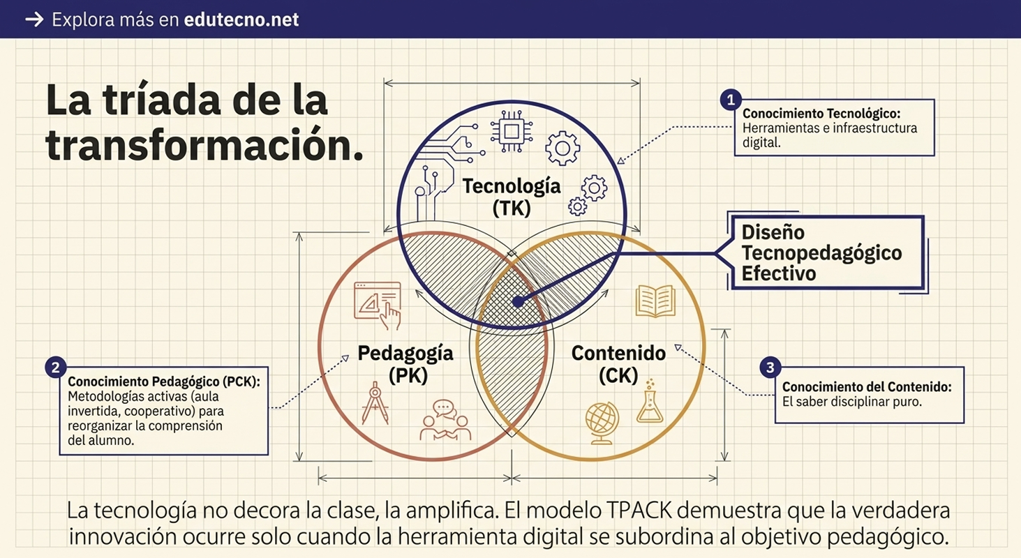 Diagrama TPACK con tres círculos: tecnología, pedagogía y contenido, con cajas de texto explicativas.