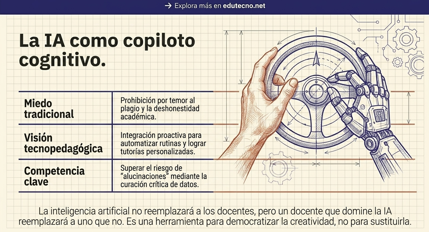Ilustración estilo infografía con mano usando casco de IA y texto sobre copiloto cognitivo.