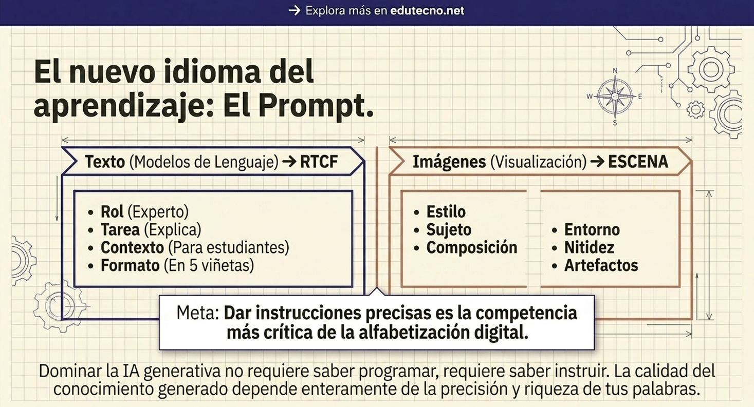 Diagrama educativo sobre el prompt: texto y imágenes, con cajas de roles, estilo, entorno y meta central.