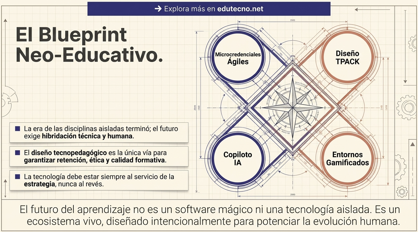 Diagrama tipo plano con círculos y etiquetas: Microcredenciales Ágiles, Diseño TPACK, Entornos Gamificados y Copiloto IA.