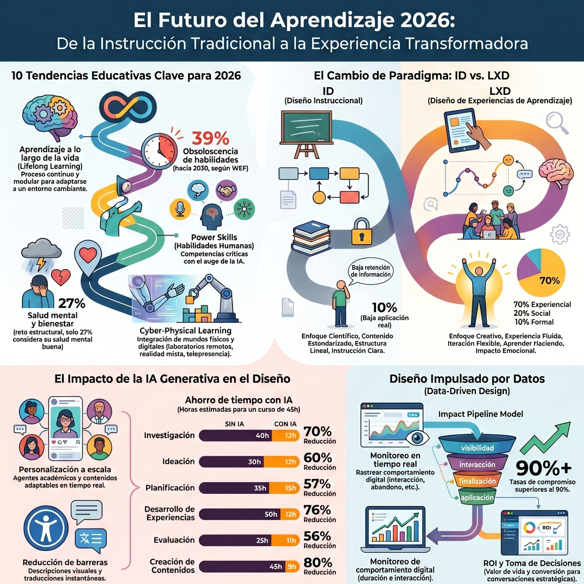 Infografía educativa sobre el futuro del aprendizaje 2026, tendencias, IA generativa y diseño basado en datos.