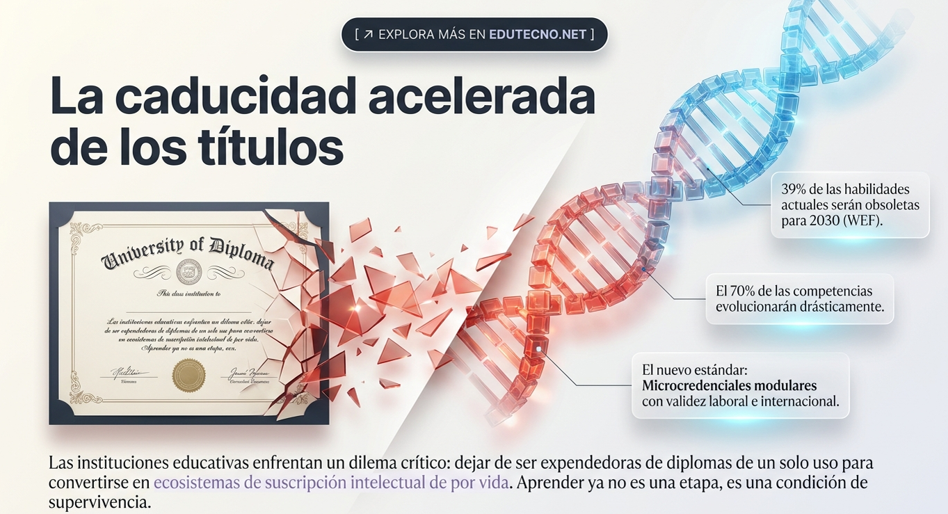 Gráfico educativo con diploma roto, cubos en espiral y textos sobre habilidades obsoletas y microcredenciales.