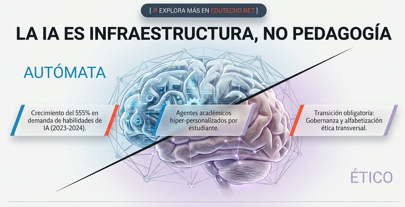 Ilustración de un cerebro digital con nodos, texto sobre IA, automatización y ética educativa.