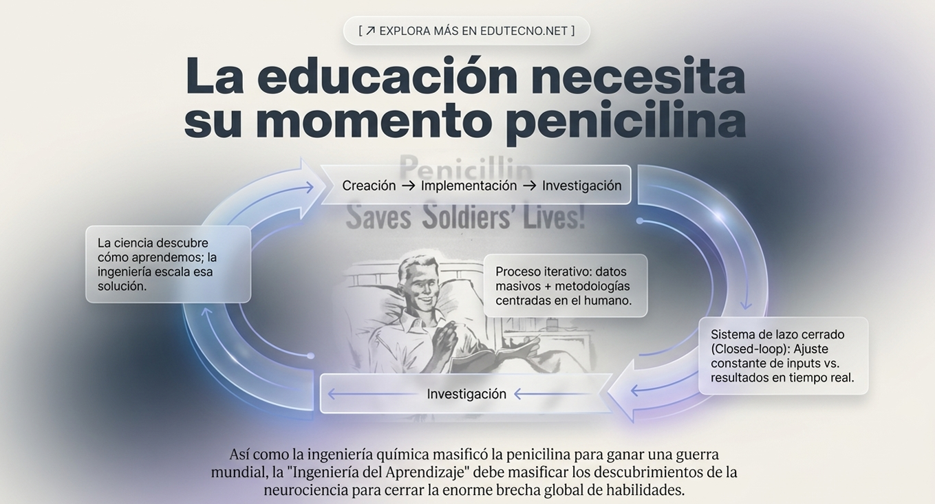 Fondo educativo con texto sobre educación y penicilina, diagrama circular y citas en globos.