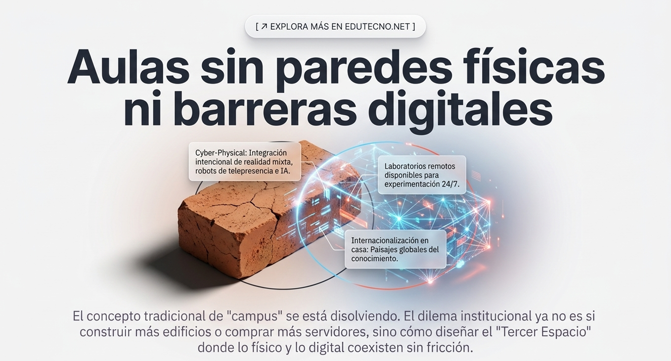 Bloque de ladrillo con interfaz holográfica y texto sobre aulas sin paredes físicas ni barreras digitales.