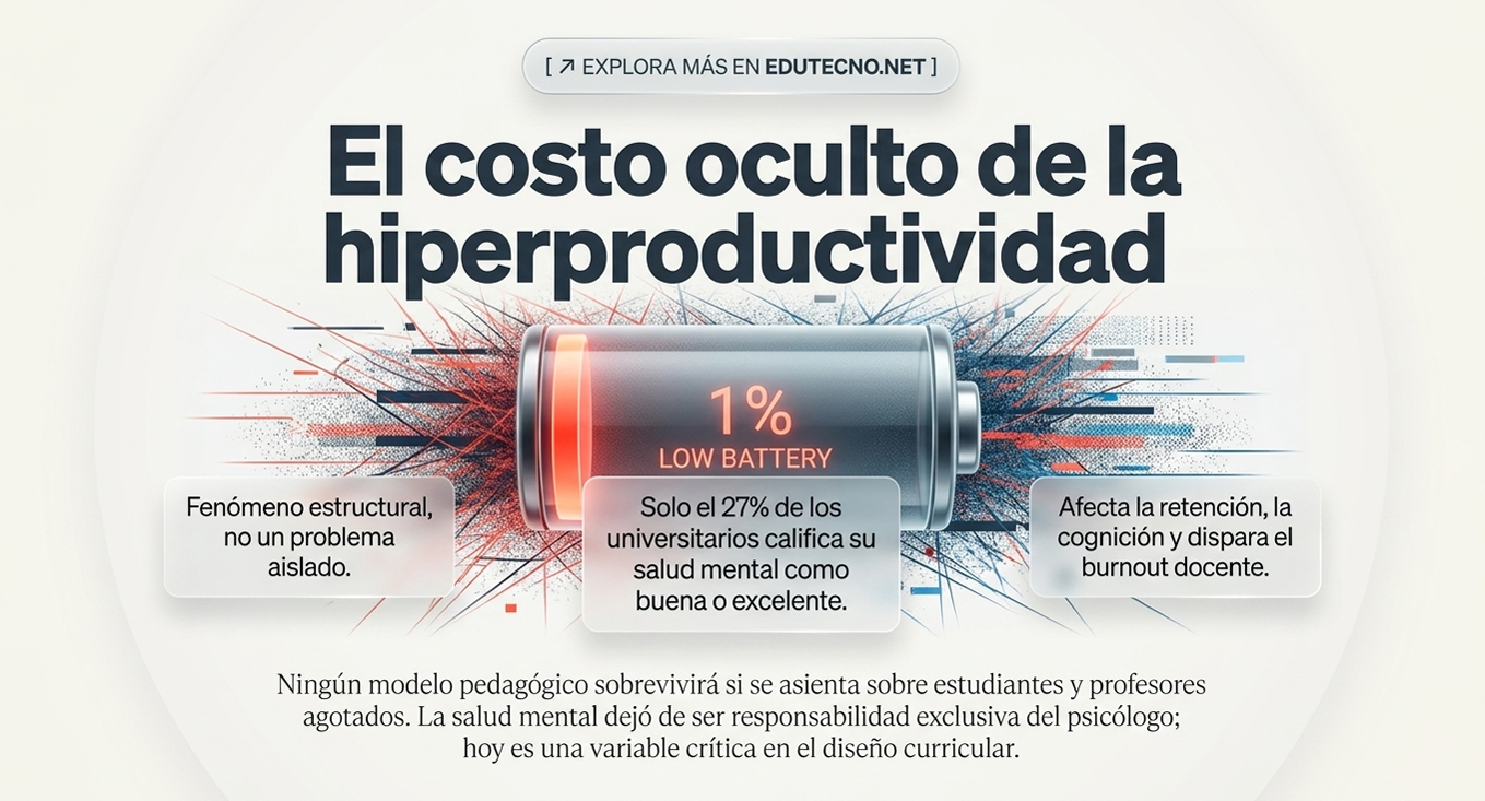 Ilustración con un cilindro tipo batería, texto sobre “costo oculto” y mensajes de salud mental docente.