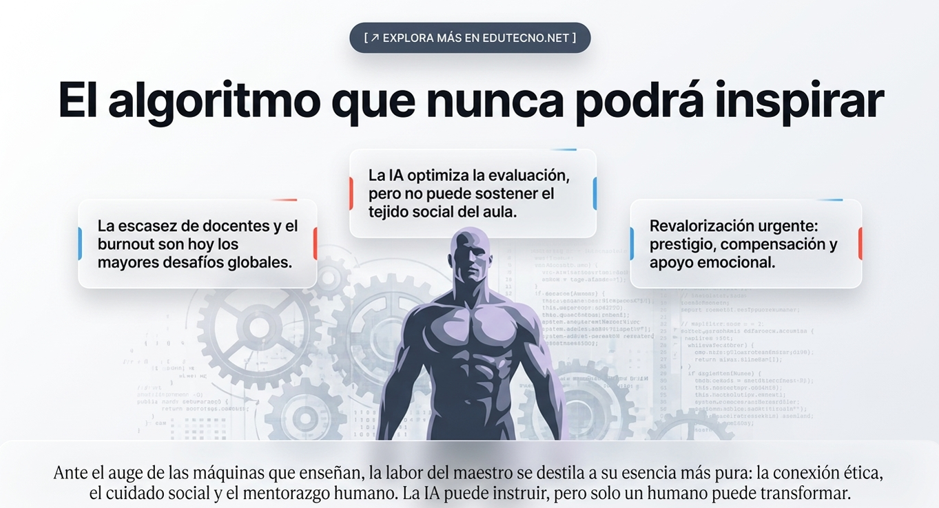 Ilustración de un personaje con circuitos, texto sobre IA y educación, y burbujas con mensajes.