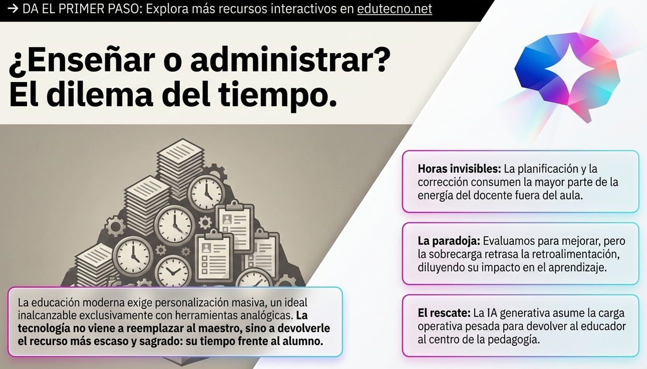 Ilustración educativa con texto sobre enseñar o administrar, reloj y engranajes, y recuadros sobre IA docente.