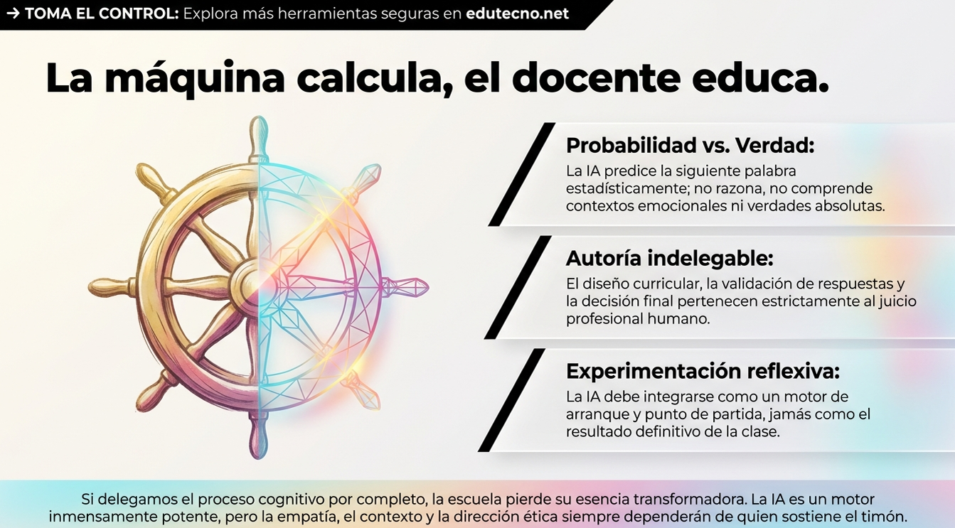 Ilustración educativa con rueda abstracta y texto sobre IA en el aula, con tres viñetas informativas.