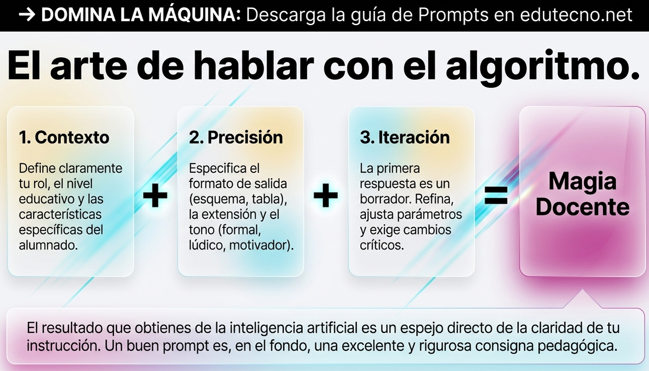 Infografía con texto “El arte de hablar con el algoritmo” y pasos: contexto, precisión, iteración, magia docente.