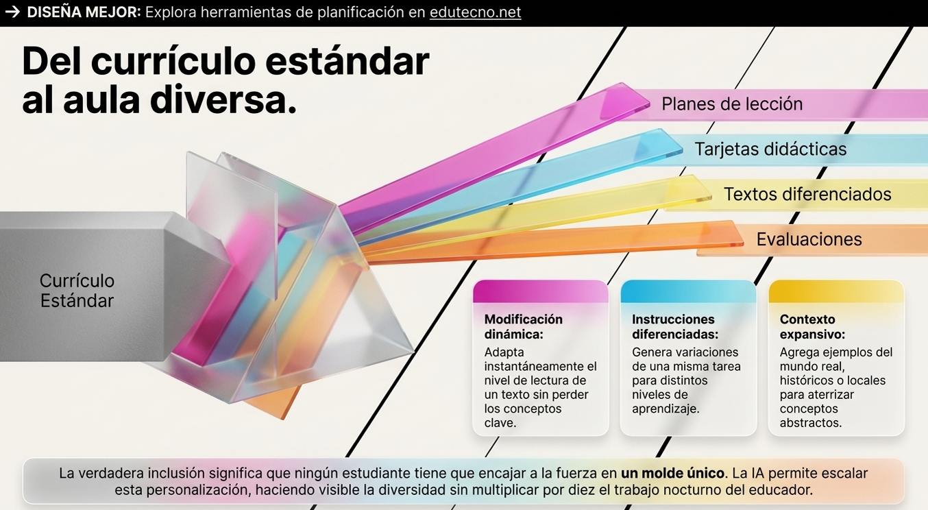 Diagrama educativo con bloques de colores, texto “Del currículo estándar al aula diversa” y opciones de personalización.