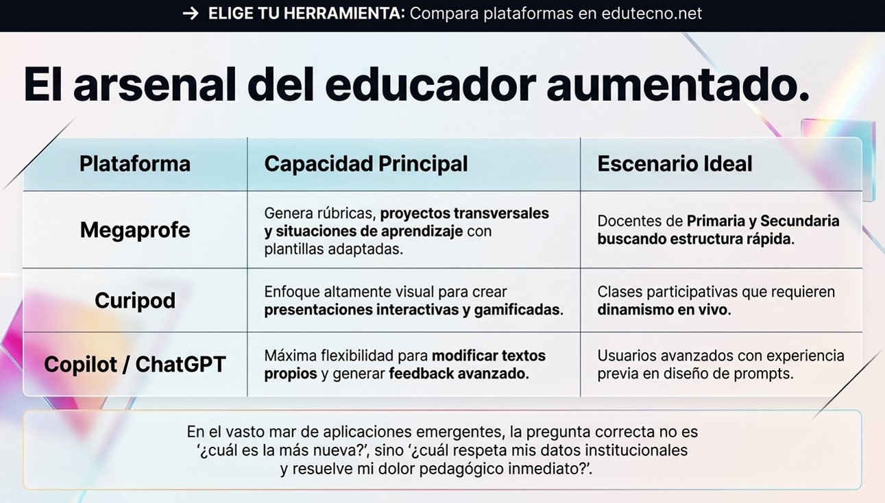 Infografía educativa con tabla comparativa de plataformas: Megaprofe, Curipod y Copilot/ChatGPT, con capacidades y escenarios ideales.