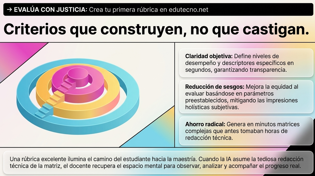 Ilustración sobre evaluación con justicia: rúbrica, gráficos 3D y texto sobre claridad, sesgos y ahorro.