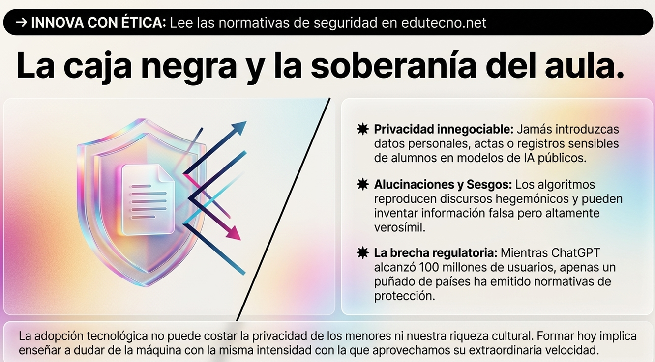 Ilustración con escudo digital y texto sobre privacidad, sesgos y brecha regulatoria en IA educativa.