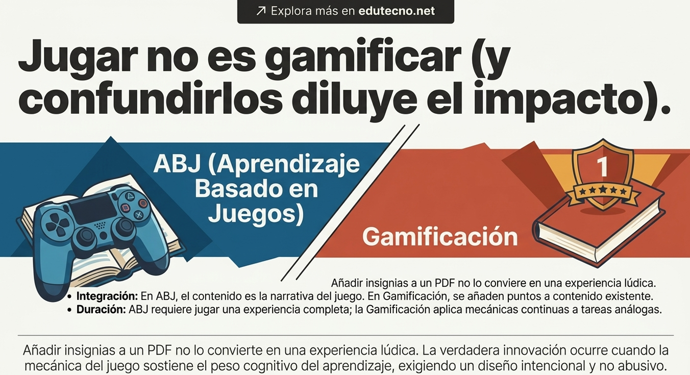 Ilustración educativa con texto sobre ABJ y gamificación, control de videojuego, libro y medalla.