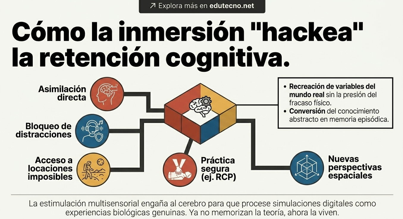 Infografía sobre inmersión y retención cognitiva, con iconos y texto explicativo en un diagrama central.