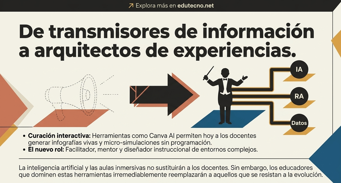 Ilustración educativa con texto sobre IA y roles docentes, flechas y figuras conectadas por rutas de datos.