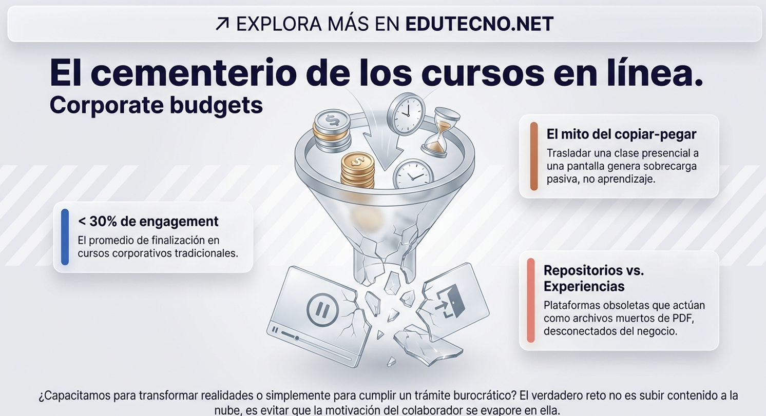 Infografía sobre cursos en línea con reloj, monedas y documentos rotos, texto corporativo y estadísticas.