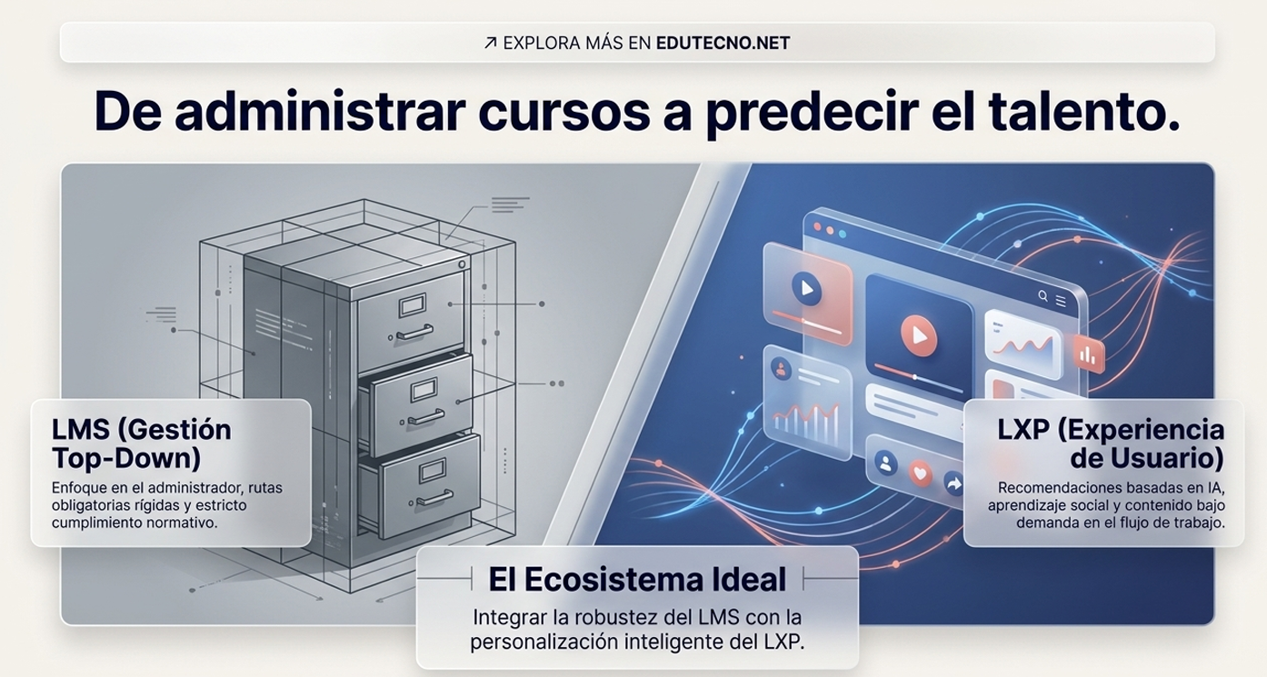 Ilustración dividida: servidor LMS y panel LXP con gráficos, recomendaciones y texto sobre ecosistema de aprendizaje.