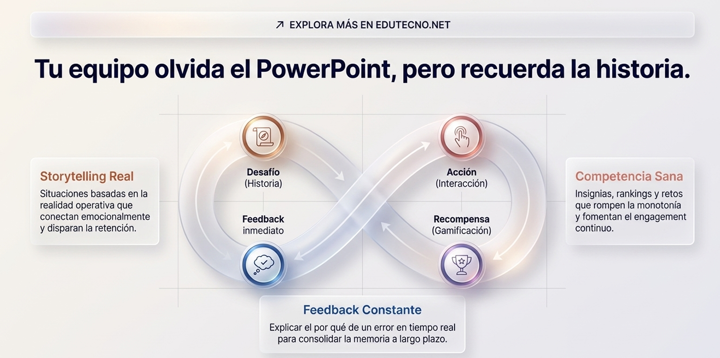 Infografía en español con dos arcos de gamificación, texto sobre storytelling, feedback constante y competencia sana.