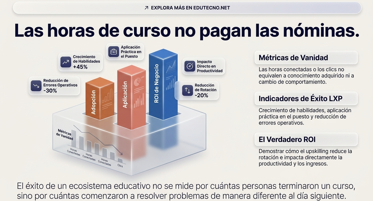 Infografía con barras 3D y texto sobre ROI, métricas de vanidad e indicadores de éxito LXP.