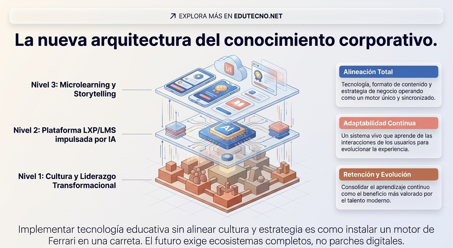 Infografía corporativa con niveles de aprendizaje, plataforma con IA y bloques, texto sobre alineación y retención.