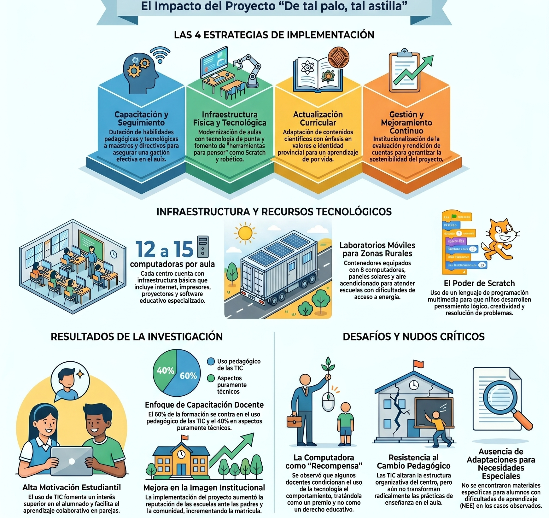 Infografía educativa con cuatro estrategias, recursos tecnológicos, laboratorios móviles y gráficos sobre resultados y desafíos.