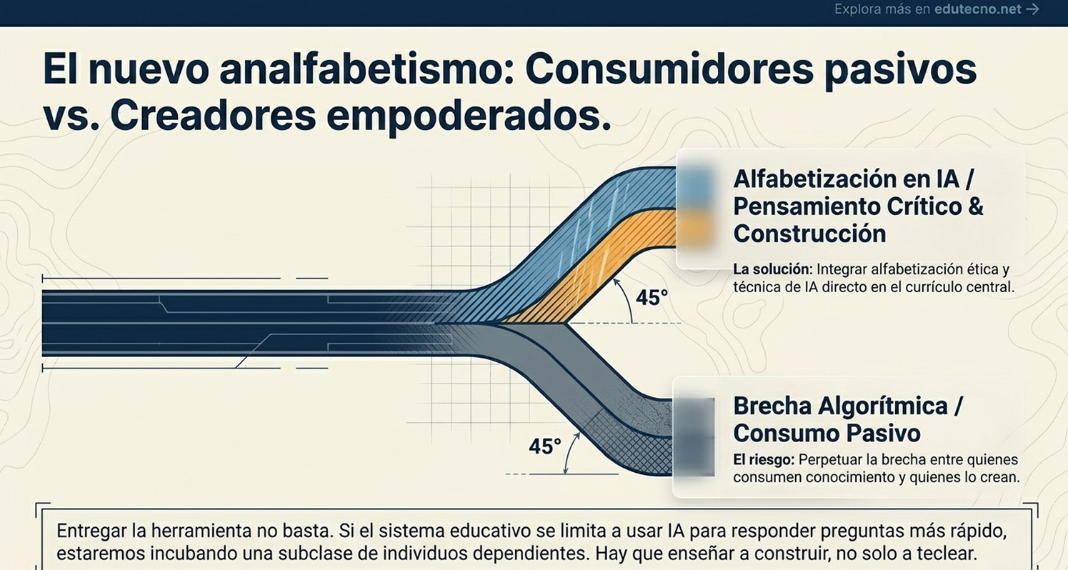 Ilustración tipo diagrama con texto sobre alfabetización en IA, pensamiento crítico y brecha algorítmica.