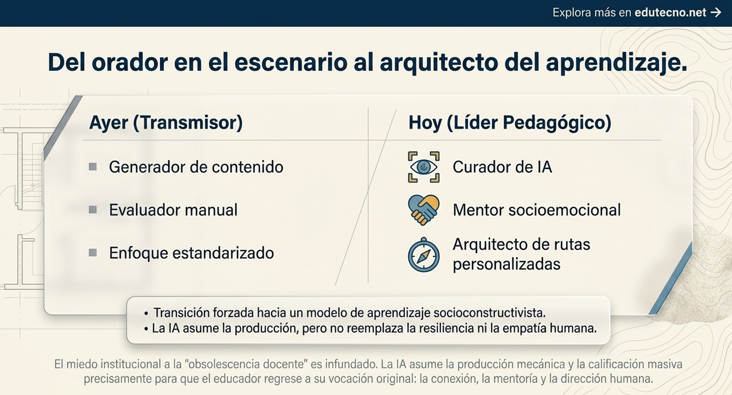 Diapositiva educativa con comparación “Ayer” y “Hoy”, roles pedagógicos y texto sobre IA y aprendizaje.