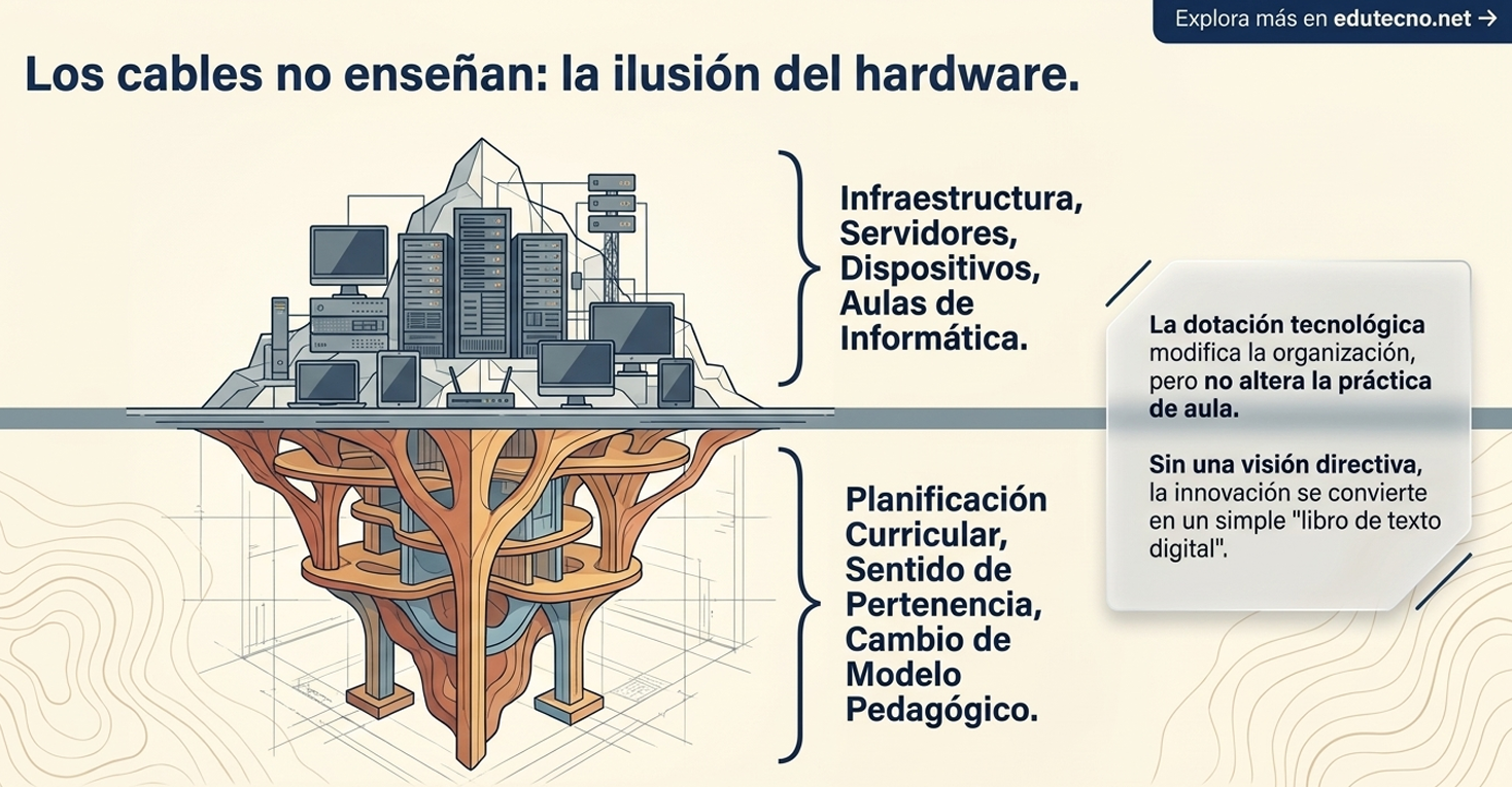 Ilustración de servidores y computadoras sobre una mesa, con texto sobre infraestructura y planificación curricular.
