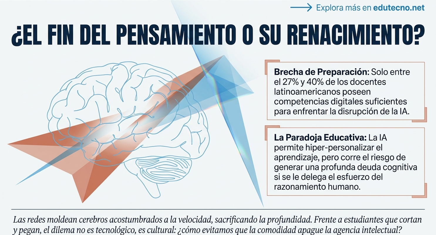 Ilustración educativa con cerebro azul, triángulos geométricos y texto sobre brecha de preparación y paradoja educativa.
