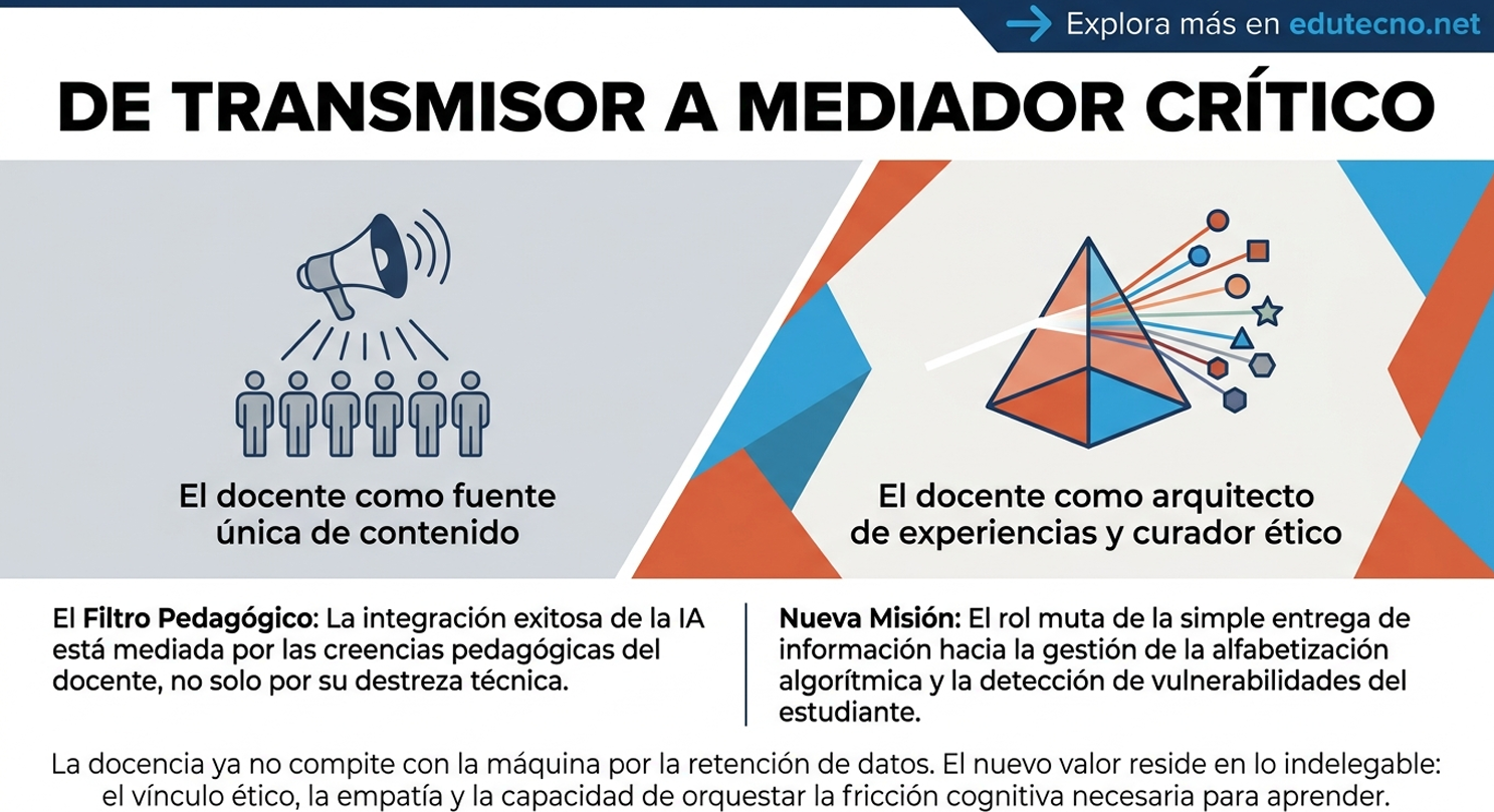 Infografía educativa con megáfono y pirámide, texto sobre docente como fuente y arquitecto crítico, colores azul y naranja.