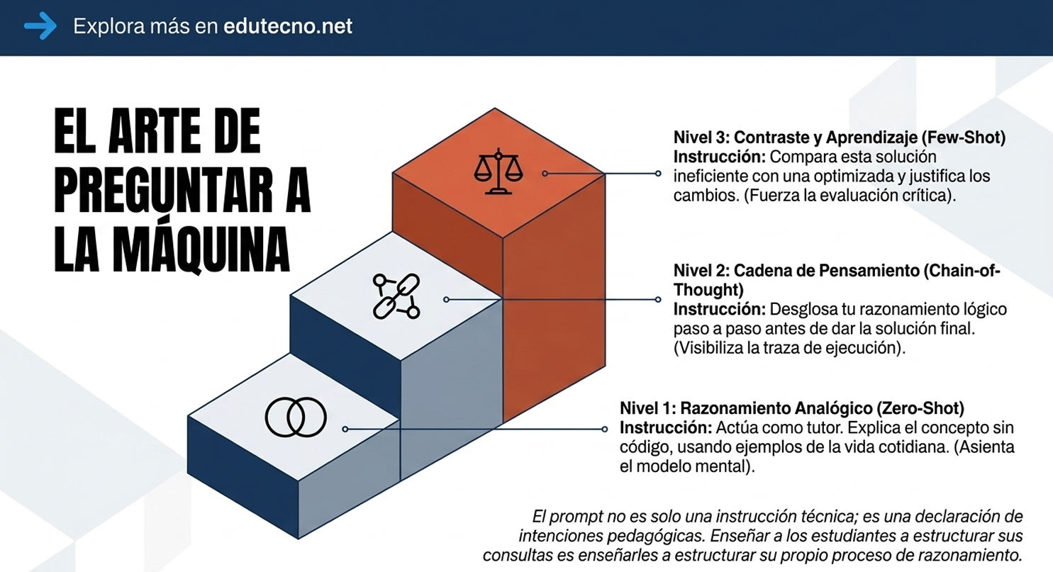 Diagrama con cubos de colores y texto sobre niveles de razonamiento: zero-shot, chain-of-thought y few-shot.