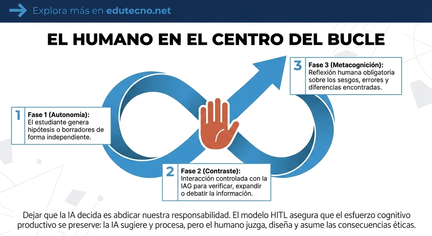 Diagrama con manos y bucles azules, texto sobre fases: autonomía, contraste y metacognición del humano en el centro.