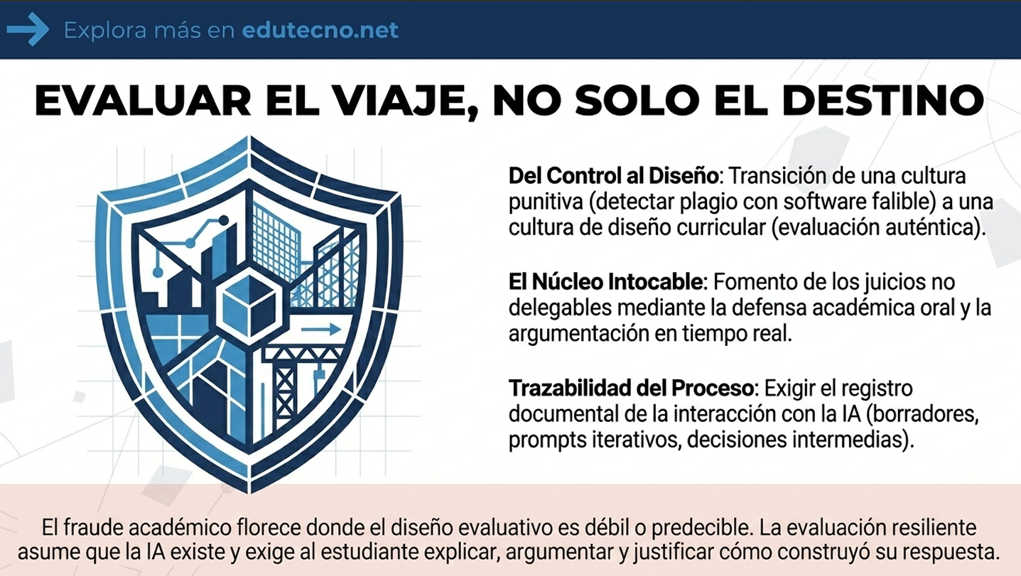 Ilustración con escudo azul y texto sobre evaluar el viaje, diseño curricular y trazabilidad del proceso con IA.