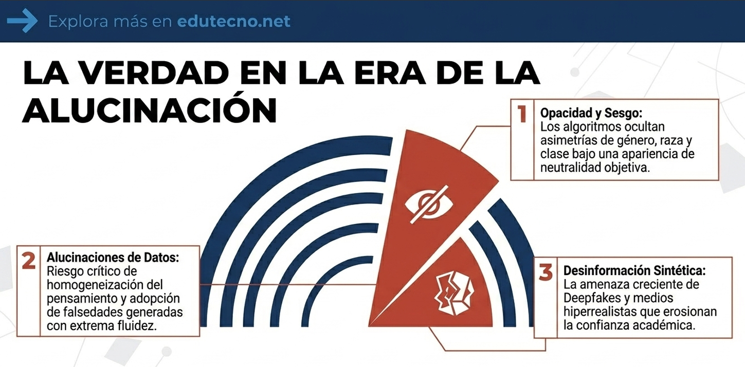 Infografía con texto “La verdad en la era de la alucinación” y tres recuadros explicativos.