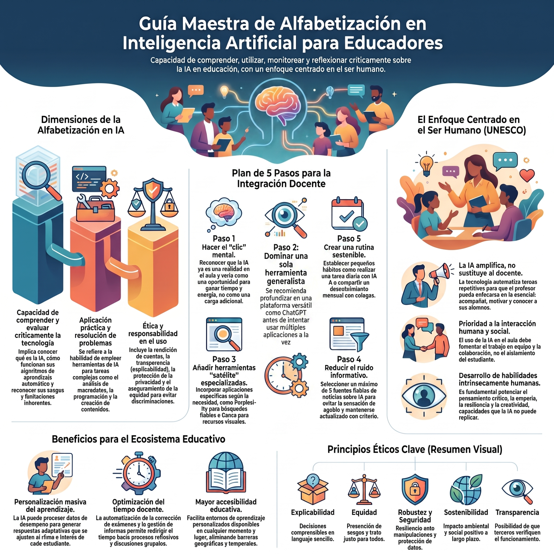 Infografía educativa sobre alfabetización en IA para educadores, con ilustraciones, pasos y principios éticos.
