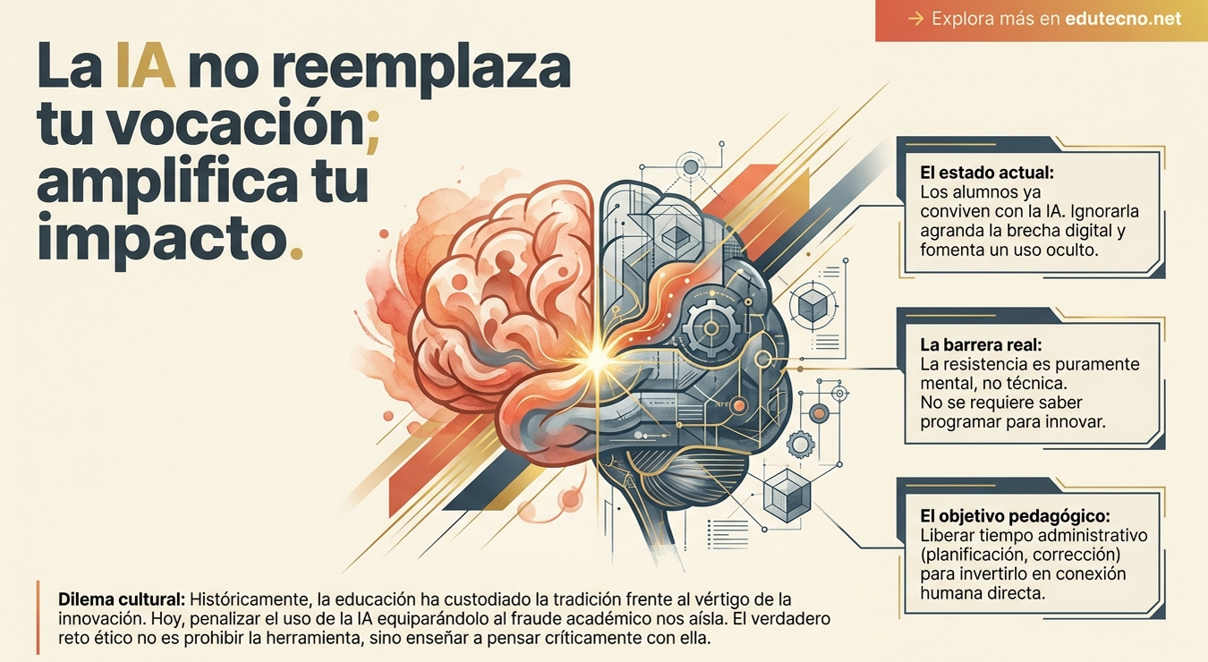 Ilustración educativa con cerebro digital, circuitos y texto sobre IA, impacto, barrera real y objetivo pedagógico.
