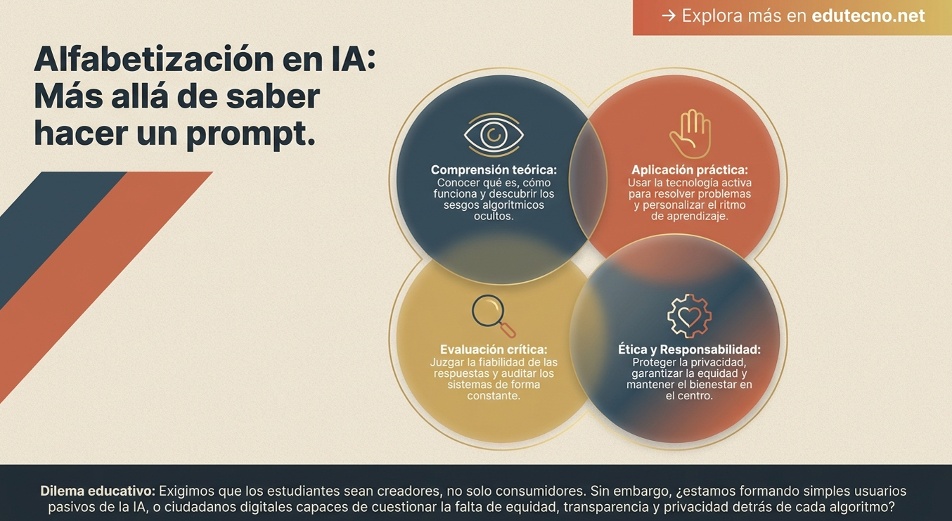Infografía sobre alfabetización en IA con tres círculos y texto: comprensión, aplicación, evaluación, ética y responsabilidad.