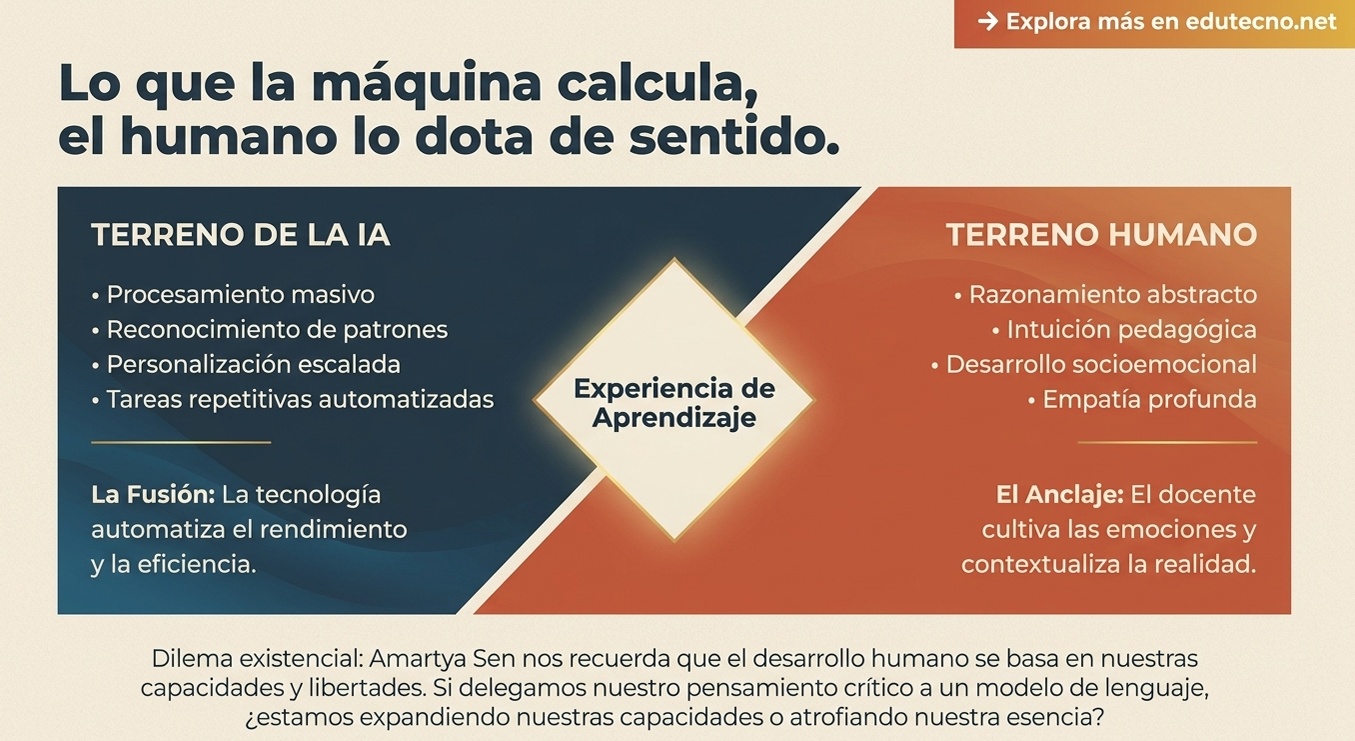 Infografía educativa con dos terrenos, IA y humano, y un rombo central de experiencia de aprendizaje.